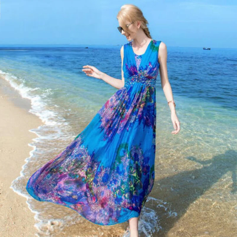 Женское платье из шелка, Пляжное Платье из натурального шелка, синее платье с цветочным принтом, праздничные летние платья