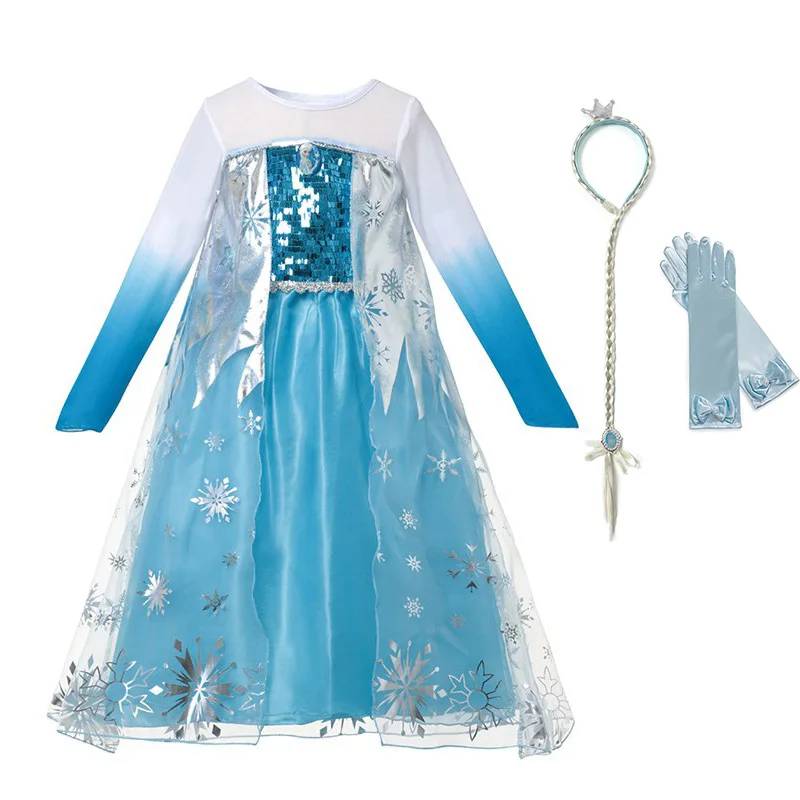 Карнавальный костюм Эльзы для девочек платье Снежной королевы с накидкой в виде снежинок детская Рождественская одежда на Хэллоуин синего цвета детское платье принцессы