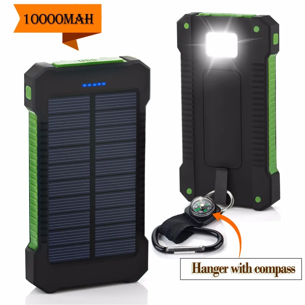 Солнечное зарядное устройство 10000 мАч водонепроницаемое солнечное с LED