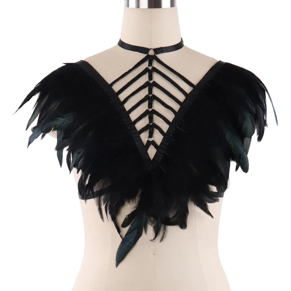 

Body Harness BurningMan Feathers Bra Fetish Harness Cage Bondage Harness Punk Lingerie Harajuku Goth Rave Wear Feathers Cage Bra