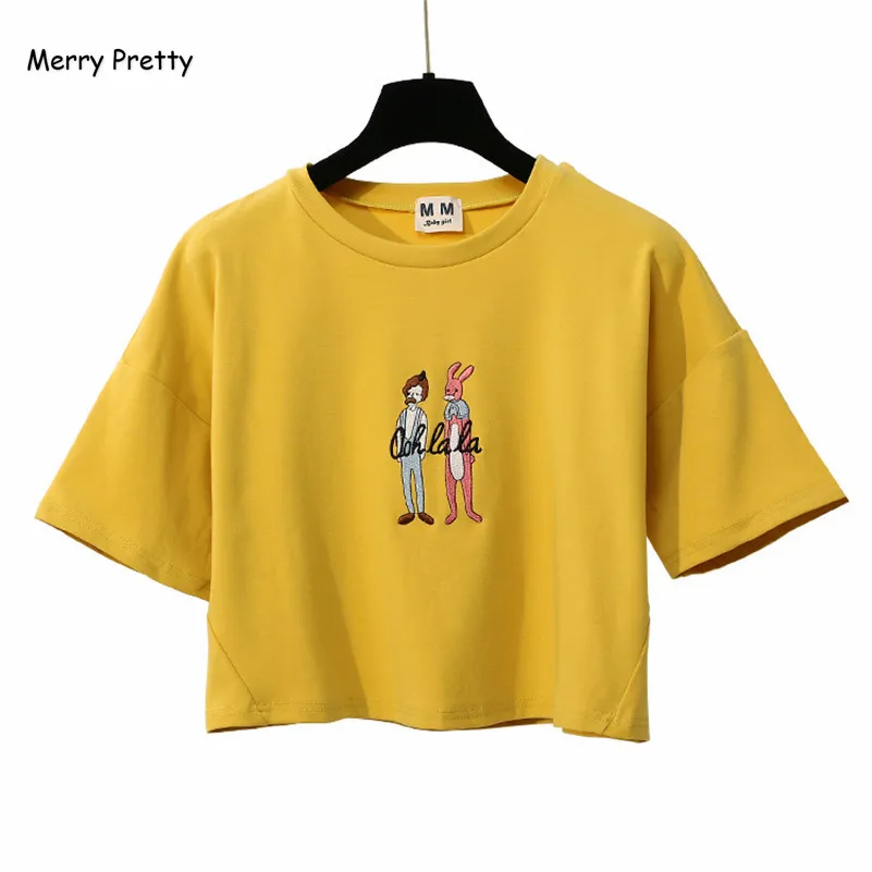 

Merry Pretty Harajuku Style Summer Women's T shirt Cartoon Embroidery Female Cotton T-shirt short sleeve Ladies Yellow Crop Tops
