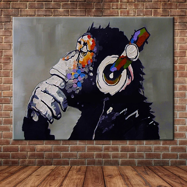 Funny DJ Monkey With Headphones Listen Music Oil Painting