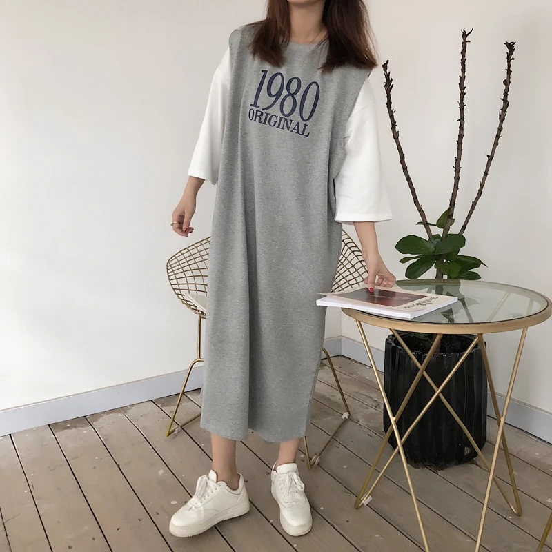 

2019 new women's ultra long paragraph over the knee sleeveless loose casual home travel large size letter print dress female