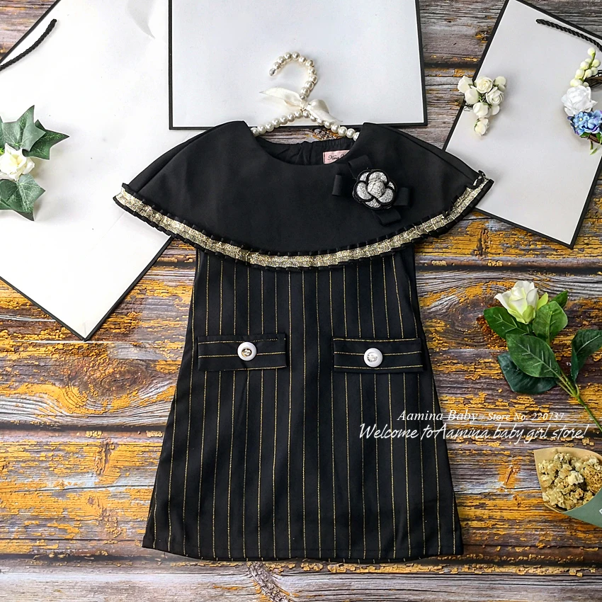 

6597 Golden Striped Princess Toddler Baby Girl Christmas Dress Summer Fall Winter Party Kid Dress For Girl Thanksgiving Clothes