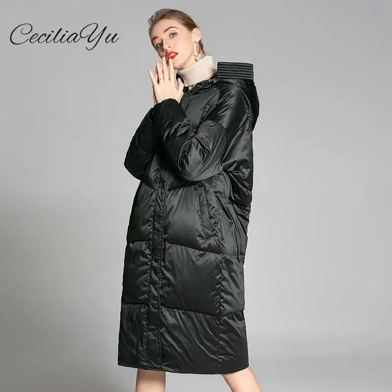 

Cecilia 2018 Winter Women's Down Jacket Winter Long Paragraph Over The Knee Hooded Women's Large Size White Duck Down Jacket