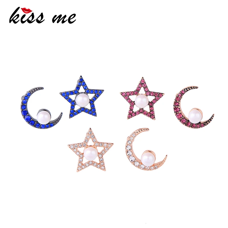 

KISS ME 3 Colors Small Moon Star Rhinestone Stud Earrings Simple Fashion Summer Earrings for Women Jewelry Gift