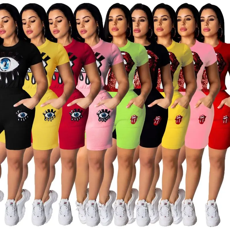 

Knitted Elastic Women Two Piece Set 2 Piece Set Eyes Lip Sequined T Shirt&Shorts Women Two Piece Outfits Pink Women Clothes 2019