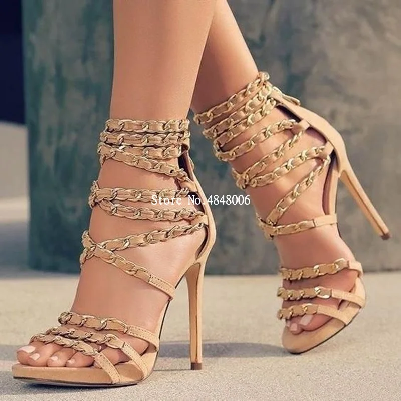 

2019 Woman Chains Decor Cross-tied Cover Heel Sandals Ladies Peep Toe Strappy Stiletto Heeled Party Dress Shoes Blue Nude