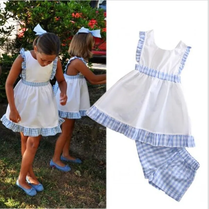 

TBwish 2017 Fashion Summer Style Girl Clothing Sets Sleeveless Plaid Design Vest+Shorts for Kids Suit
