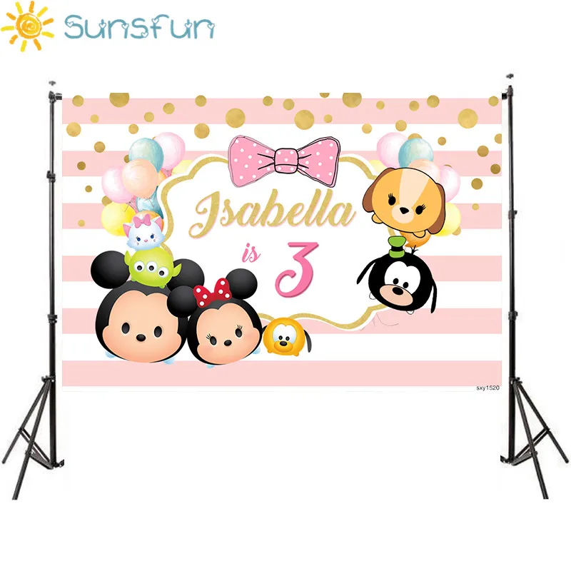 

Sunsfun Cartoon Happy Birthday Party Backdrop Tsum Tsum Pink Stripes Custom Photo Studio Background Vinyl 220cm x 150cm sxy1520