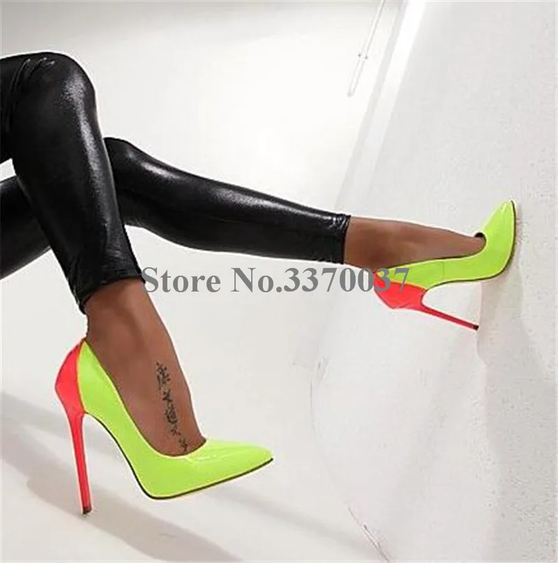 Women Sexy Fashion Pointed Toe Patchwork Colors Stiletto Heel Pumps Yellow Pink Slip-on Super High Heels Dress Club Shoes