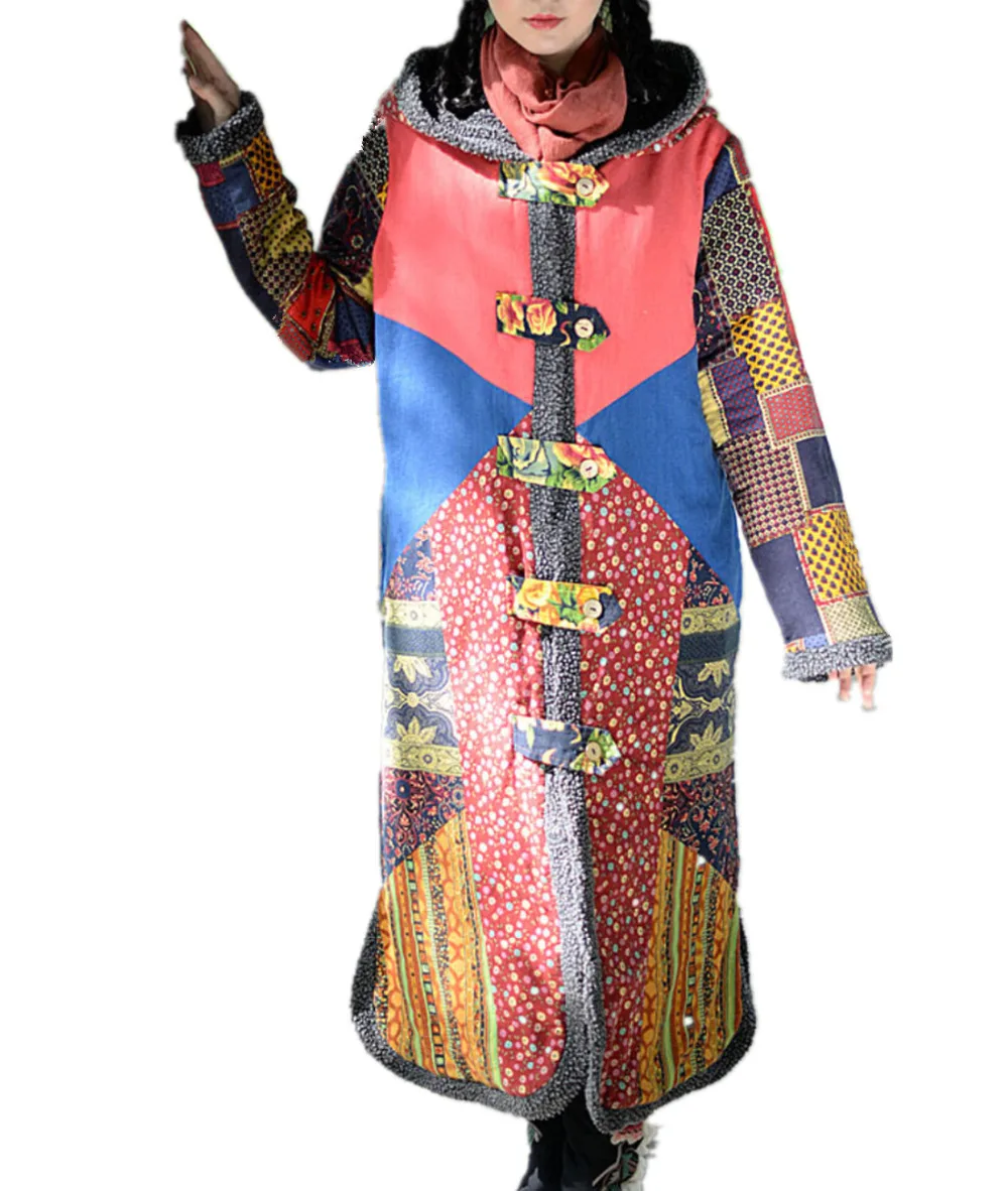 Yesno TT6 Women Long Maxi Floral Quilted Jacket Warm Coat Ethnic Pattern Stitched Hem Fleecedin