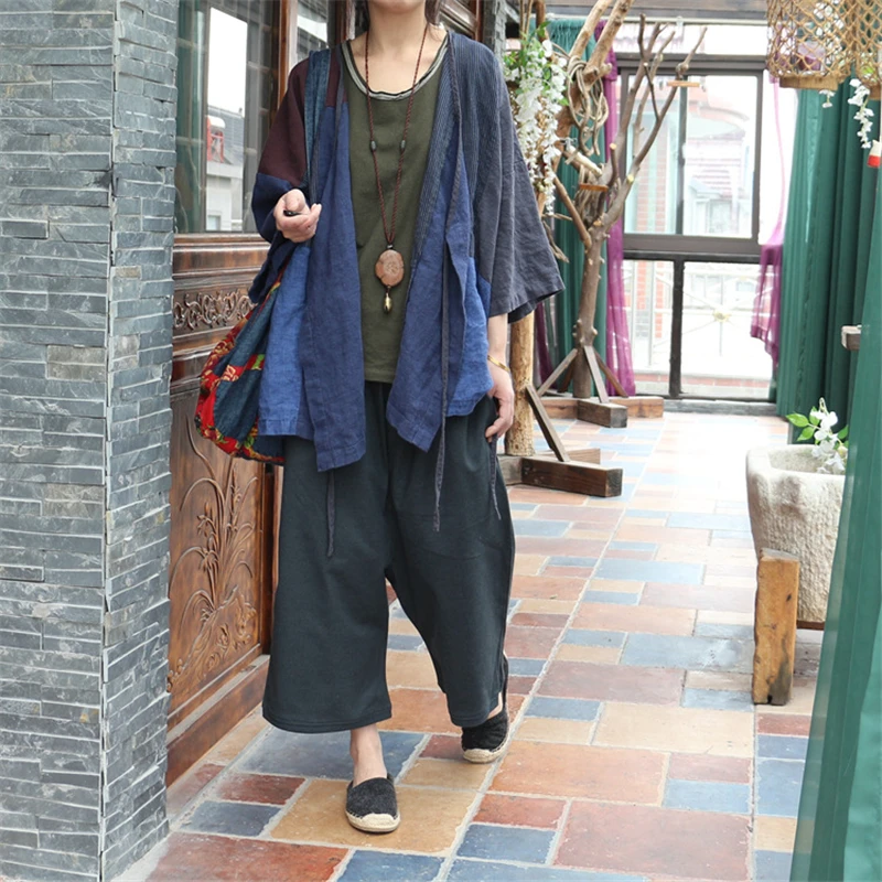 

Johnature Women Linen Coats Patchwork Belt Vintage Jackets 2019 Autumn New Casual Chinese Style Seven Sleeve Loose Coats V-Neck
