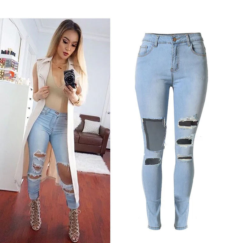 Сексуальные стильные индивидуальные рваные джинсы тонкие модные длинные Стрейчевые джинсы с высокой талией сексуальные рваные узкие женские джинсы