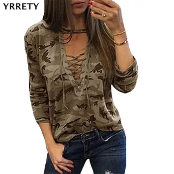 

YRRETY Summer T Shirt Women Long Sleeve V Neck Bandage Camouflage TShirt Casual Sexy Women T Shirt Camisetas Feminina Lady Tops