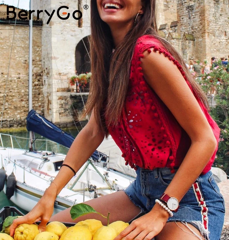 BerryGo элегантная повседневная Хлопковая женская блузка, рубашка без рукавов, летняя майка, рубашки, женские красные блузки с вышивкой и кисточками
