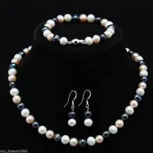 Натуральный 8-9 мм белый розовый чёрный пресноводный жемчуг ожерелье браслет серьги набор