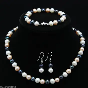 

Natural 8-9mm White Pink Black Freshwater Pearl Necklace Bracelet Earrings Set