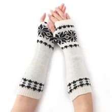 Для женщин зимние snowflage половина пальцев перчатки Мода Опера длина трикотажные теплые варежки черный белый светло-серый кофе S204