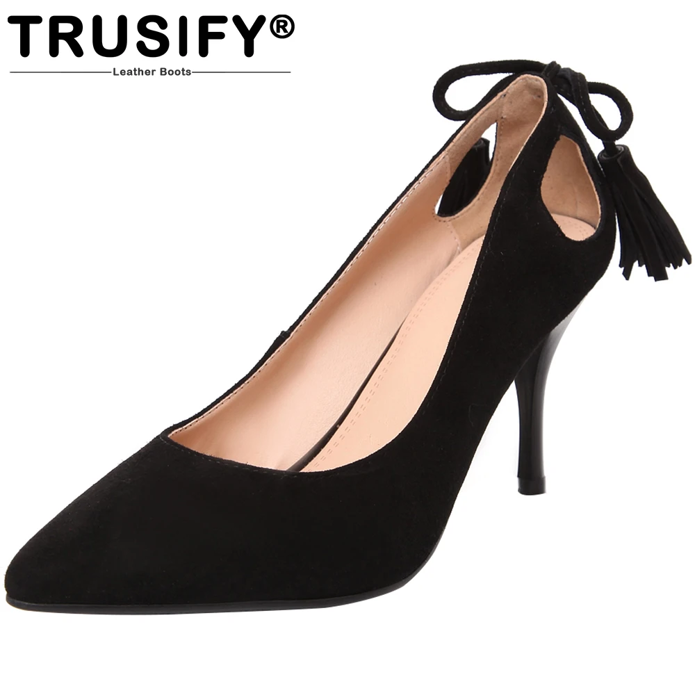 TRUSIFY 2018 Ohdentist Ladies Pointed Toe Kid Suede Upper 9cm Thin Heel Tassels Slip On Pump Shoes Woman | Обувь
