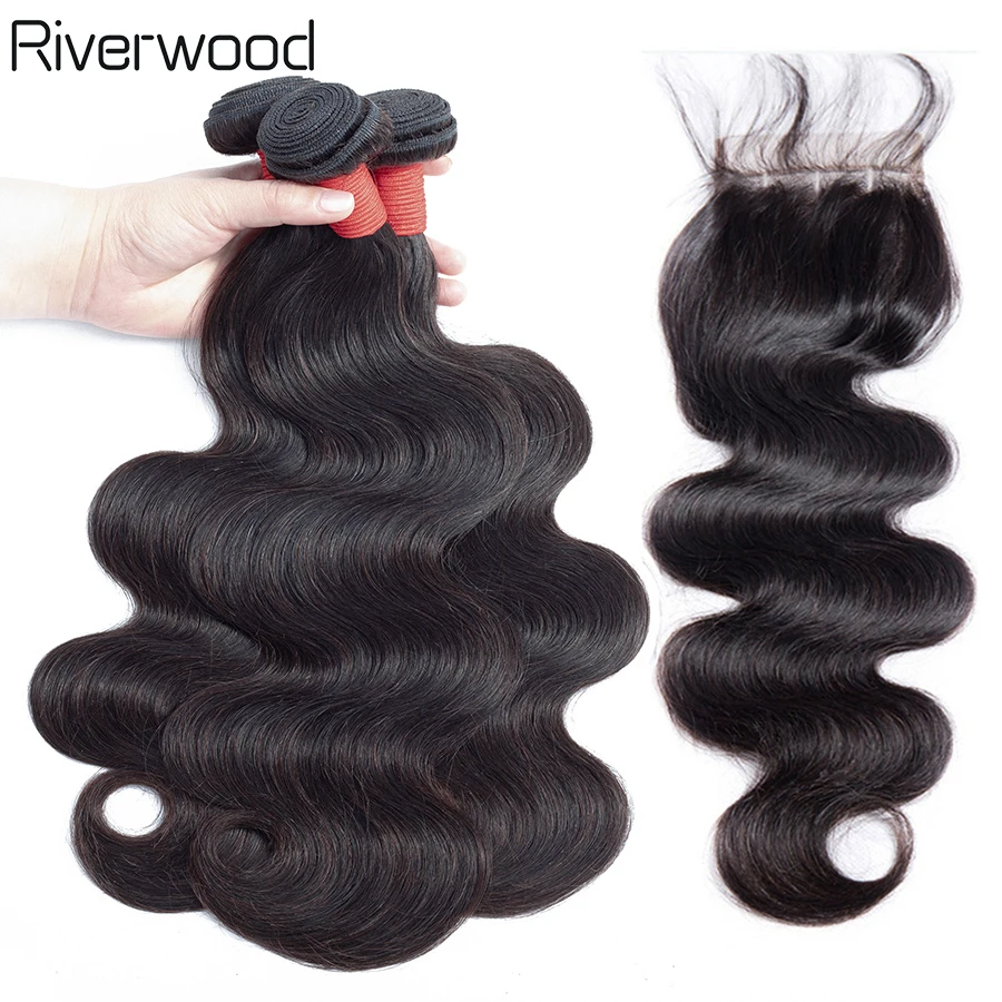 Riverwood волос средства ухода за кожей волна 3 Связки с синтетическое закрытие шнурка волос натуральный цвет Remy перуанский натуральные волосы
