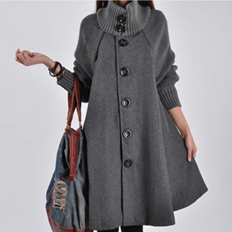 

Bigsweety Winter Warm Windbreaker Women Wool Coat Cloak knitted Long-sleeved Trench Coat Womens Clothing Single-breasted Outwear