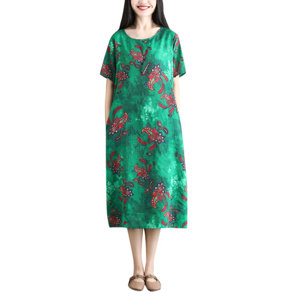 Casual Ladies Dress Cotton short-sleeved Round Neck Print Temperament Dress Fashion Casual Dresses 2019 Vestidos X8
