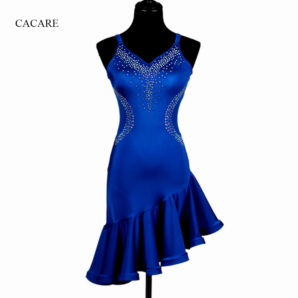 Latin Dance Dress Women Adult Costume Blue with Shinning Rhinestones