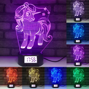 

7 Colors Cute Unicorn Party 3D Illusion Calendar Clock Lamp LED USB Hoese Night Light Remote Kids Christmas Gift Home Decor
