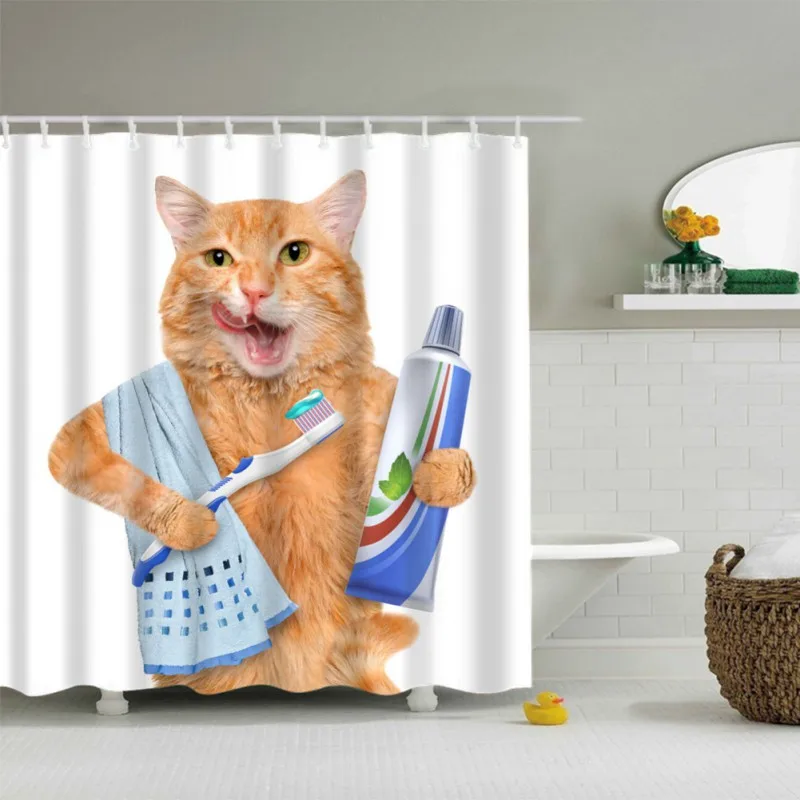 Humorous Cartoon Dog Cat Pattern Shower Curtain Mildew Waterproof