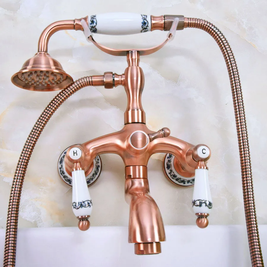 

Antique Red Copper Brass Dual Ceramic Handles Wall Mounted ClawFoot Bath Tub Faucet Mixer Tap With Hand Shower Spray mna315