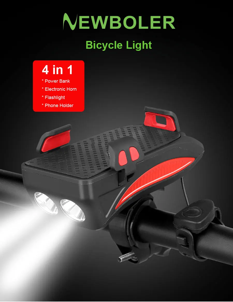 Best NEWBOLER 4 in 1 Bicycle Light Power Bank 4000mAh Flashlight Bike Horn Alarm Bell Phone Holder Bike Accessories Cycle Front Light 0