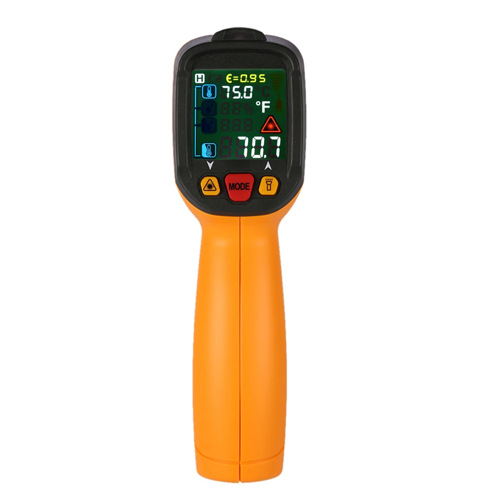 

Handheld Digital Infrared IR Thermometer Ambient Temperature Humidity Dew Point Tester Adjustable Emissivity Color LCD