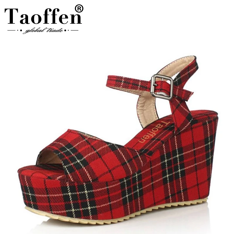 preço Tamanho 32 46 TAOFFEN Senhoras Altas Cunhas Sandas Plataforma Tira No Tornozelo Sapatos de Verão Impressão Mulheres Moda Festa Do Escritório Calçado