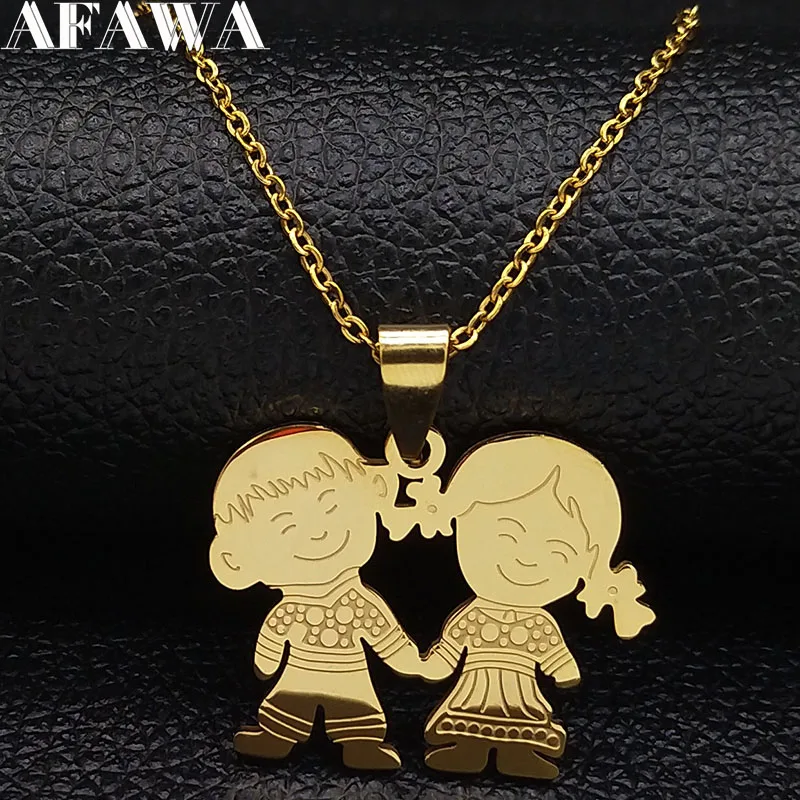 Boy Girl Love Stainless Steel Necklaces Women Gold Color Necklaces