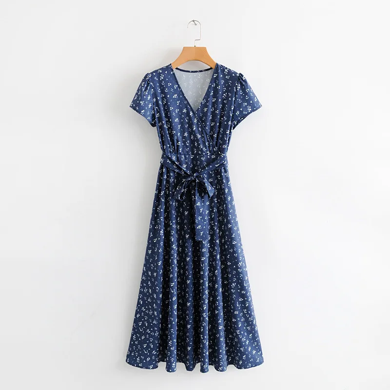 

2019 Floral Print Summer Boho Blue Beach dress Women Casual V neck Short Sleeve Lace-up Long Dresses Female vestidos#C862