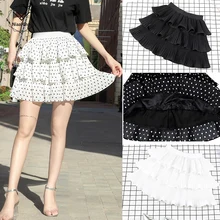 Новинка, летние плиссированные мини-юбки в стиле бохо, женская короткая юбка в горошек с высокой талией, белые, черные, трапециевидные многоуровневые шифоновые юбки с оборками