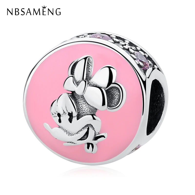 

New 925 Sterling Silver Bead Pink Enamel Cartoon Mouse Minnie With Crystal Beads Charm Fit Pandora Bracelets DIY Jewelry Gift