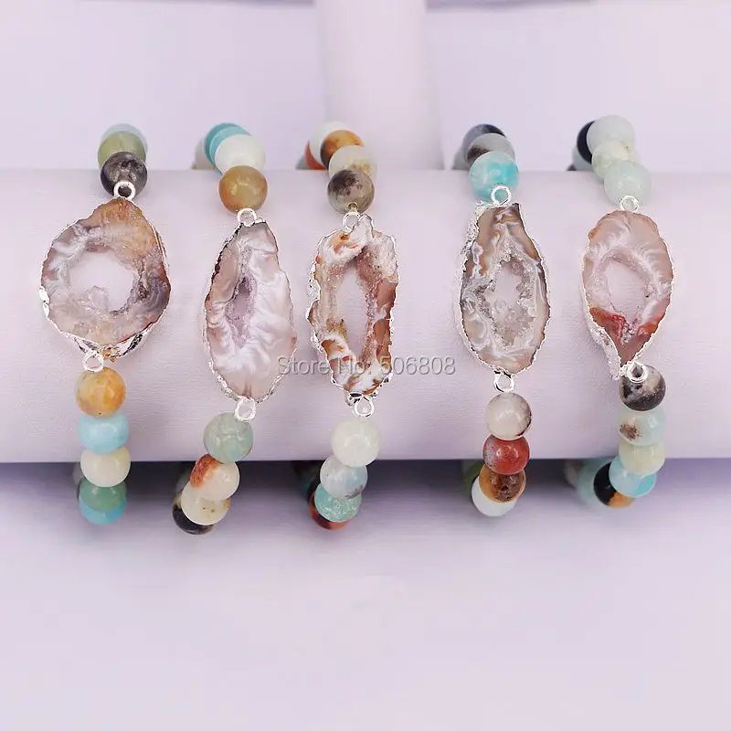 

5Strands Silver Plated Geode Quartz Connector Bracelet, Natural Amazon Stone Beaded Stretch Bracelets