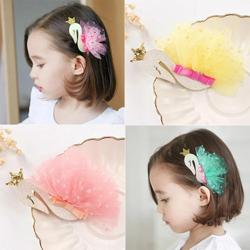 2018 new Hair Clips Mesh With Sequin 1PC Hairpins Crown Cygnus Children Flamingo Princess Tiaras Girls Yarn Swan Headdress Kids |