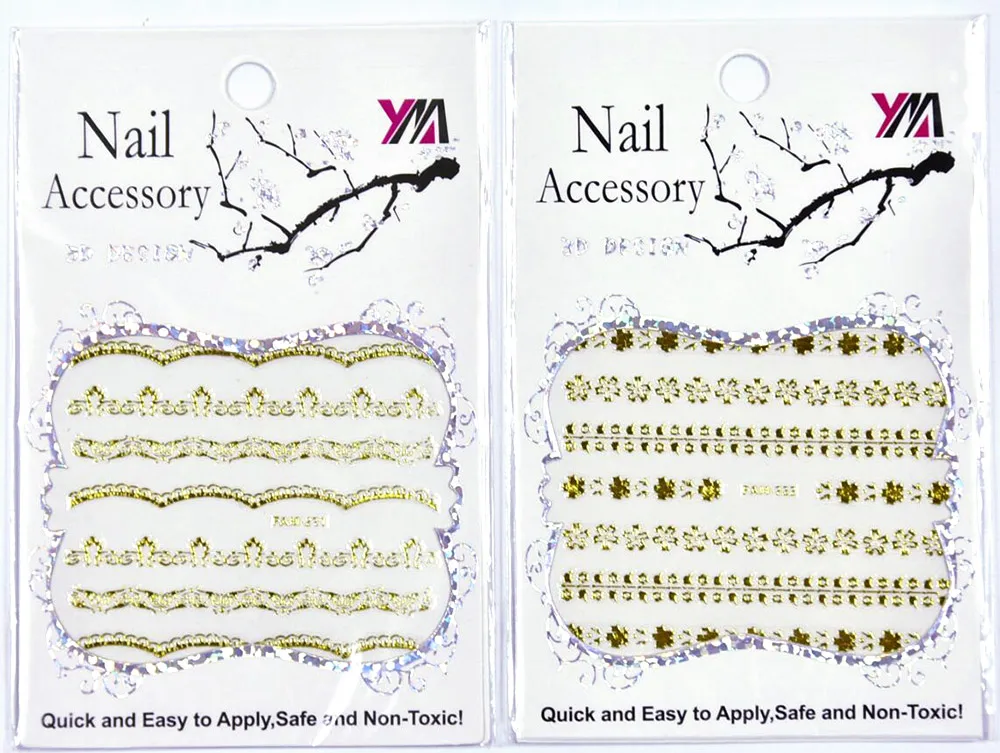 

60Sheets Fashion Ultrathin 3D Adhesive Golden Color Lace Nail Strip Stickers Metallic Nail Stickers / FAM201-230 ##30designs