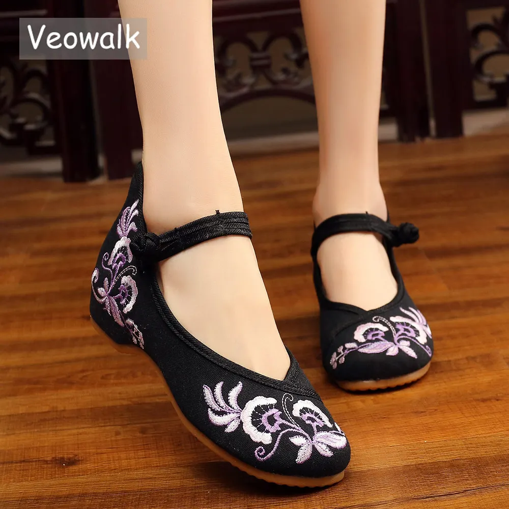 

Veowalk Flowers Embroidered Women Canvas Ballet Flats Ankle Strap Ladies Cotton Embroidery Ballerinas Chinese Handmade Shoes