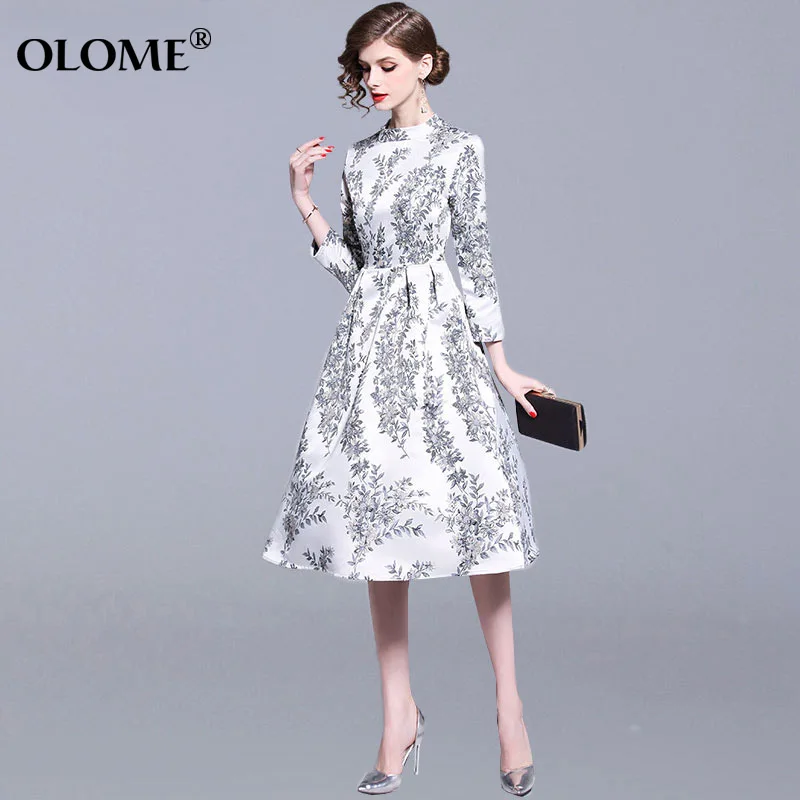

Elegant Women Dress England Style Party Dresses Knee-length 2019 Spring New Jacquard Temperament Print Nine-point Sleeve Dress