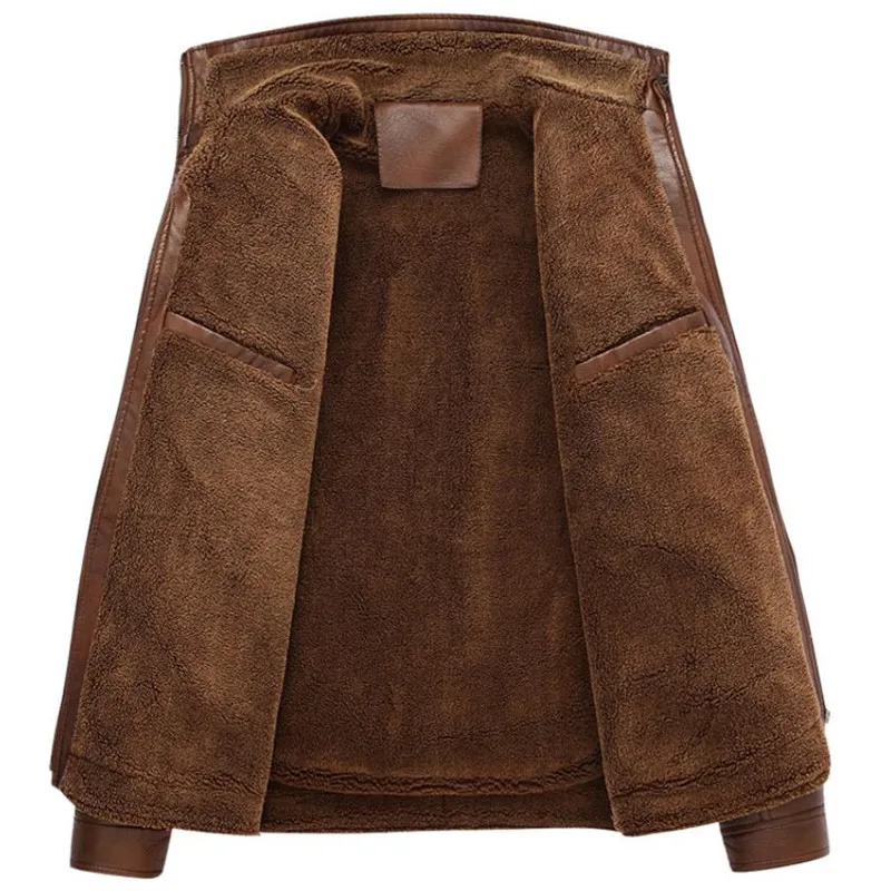 Autumn and winter quality men's leather jacket warm business casual PU leather jacket plus velvet solid color stand collar coat