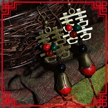 

New Ethnic antique brass dangle earrings, handmade chinese double happyness vintage earrings, stones earrings red