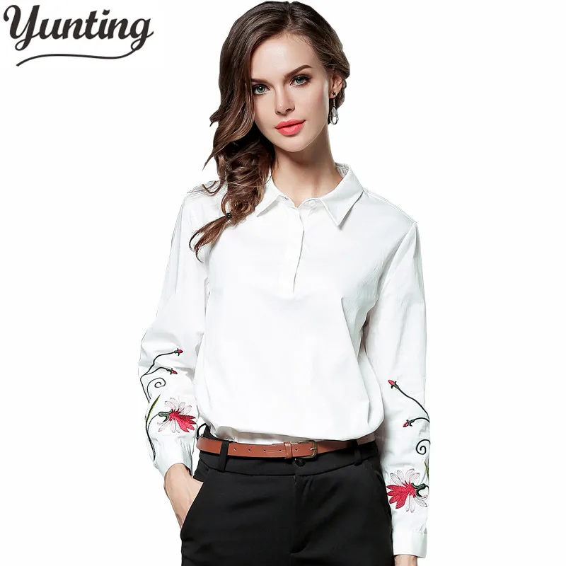 

Autumn Women Embroidery Blouse White Shirts 2019 Casual Long Sleeve Cotton Shirts College Style Turn Down Collar Tops