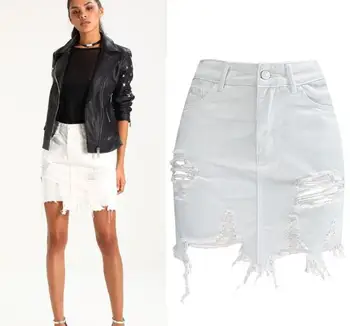 

Denim Skirt High Waist Hollow Out Mini Jeans Skirt Package Hip White Women Skirt Irregular Ripped Tassels Skirts Womens D147