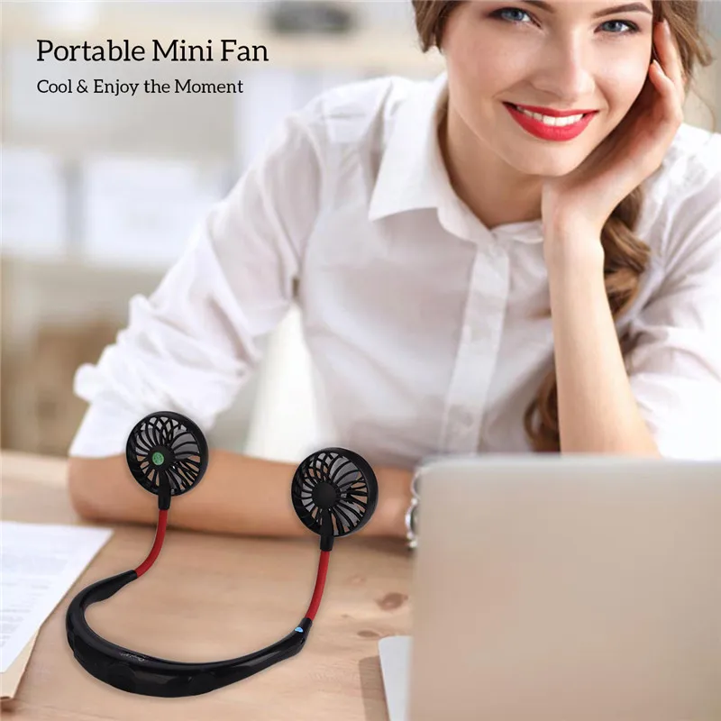 

USB Rechargeable Wearable Portable Hand Free Neckband Fan Personal Mini Neck Double Fans 3 Speed Adjust For Home Office Outdoor