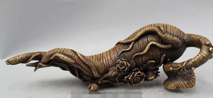 

free 11" Old China Chinese Folk Bronze longevity precious Ginseng Panax Flower Statue fast