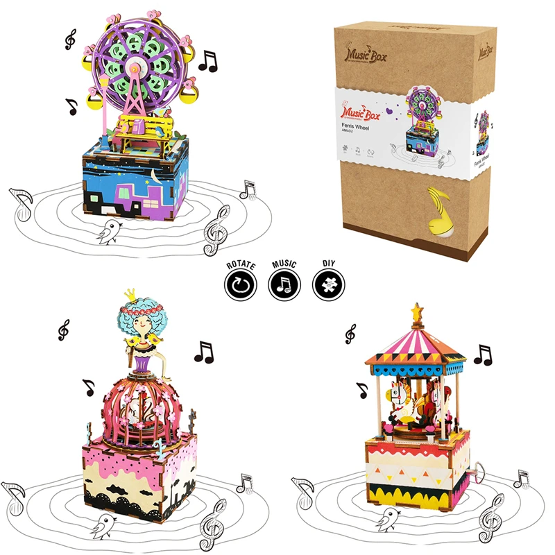 

DIY 3D Wooden Carrousel Ferris Wheel Puzzle Game Assembly Rotatable Music Box Toy Gift for Children Kids Adult AM402